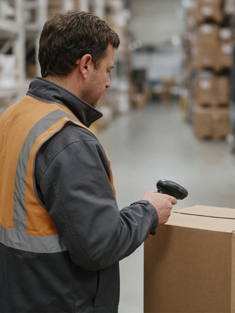 A warehouse worker scanning a carton